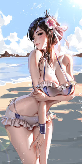1girls 2d beach big_breasts blush breasts canon_costume cleavage clothing curvaceous digital_drawing_(artwork) female female_focus female_only final_fantasy final_fantasy_vii final_fantasy_vii_rebirth final_fantasy_vii_remake hips legs legs_together liang_xing light_skin looking_at_viewer midriff open_eyes skinny solo standing swimsuit thighs thin_waist tifa_lockhart tifa_lockhart_(shining_spirit) wet