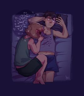2boys arm_behind_head armpit_fetish armpit_hair armpits artist_signature basil_(omori) bed belly belly_button black_hair black_underwear blonde_hair blue_underwear blush boxers boxers_(clothing) english_text gay green_topwear grey_topwear heart laying_down laying_on_back laying_on_bed lying lying_on_back lying_on_bed male midriff notakakapo omori on_phone phone short_hair smelling_armpit sniffing_armpit sunny_(omori) tank_top text text_on_clothing underwear watching_phone yaoi