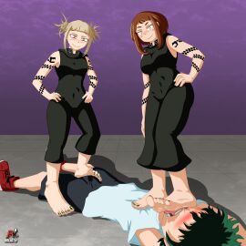 1boy 2girls alternate_costume arlioth bad_end barefoot boku_no_hero_academia cooperative_footjob corrupted corruption cosplay costume defeat_sex defeated defeated_hero defeated_male denki_anma dominant_female female femdom foot_domination foot_fetish foot_lick footjob footjob_over_clothes himiko_toga humiliation izuku_midoriya male medusa_gorgon midoriya_izuku my_hero_academia nail_polish ochako_uraraka on_back penis possessed possession soul_eater standing standing_footjob stepped_on stepping_on_penis submissive_male tattoo teamwork toenail_polish toga_himiko trample trampled_penis trampling uraraka_ochako villainess witch yellow_eyes