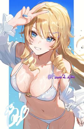 1girls 2d 2d_(artwork) alternate_costume belly_button big_breasts bikini bikini_bottom bikini_top blonde_hair blue_background blue_eyes blue_nails bra breasts cleavage day female female_focus female_only front_view fuwa2 genshin_impact high_resolution highres hoyoverse light-skinned_female light_skin long_hair looking_at_viewer mihoyo navel navia_(genshin_impact) outdoors sky slim_female smiling smiling_at_viewer solo solo_female solo_focus standing summer swimsuit thong thong_bikini wet wet_body white_bikini white_bikini_bottom white_bikini_top white_swimsuit white_thong young younger_female