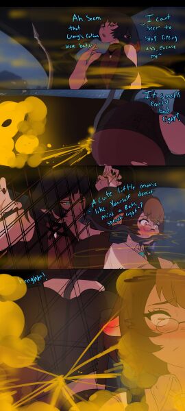 2girls animal_ears ass bent_over big_ass big_breasts big_butt black_nails blue_eyes blush breasts brown_hair car cleavage driving ear_blush embarrassed english_text enjoying_farts fart fart_cloud fart_everywhere fart_fetish farting female glasses glowing_eyes hotbox hoyoverse in_car jane_doe_(zenless_zone_zero) leggings melissaalli open_mouth orange_eyes rat_ears rat_girl rat_tail seductive short_hair shorts shoulder_length_hair side_view smile tail text tomiya_(zenless_zone_zero) yuri zenless_zone_zero