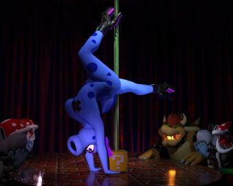 1girls 3d 3d_(artwork) 6boys ?_block anthro birdo block blue_gloves blue_skin bowser breasts dinosaur dry_bones female high_heels horns indoors isreth koopa legs_up looking_at_another male mario_(series) multiple_boys multiple_males nintendo nipples_covered open_mouth piranha_plant plant pole pole_dancing red_eyes red_hair reptile scalie sharp_teeth stripper stripper_pole voluptuous voluptuous_female