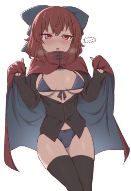 ... bikini black_bikini black_bow black_shirt black_thighhighs blush bow breasts breasts_out cachemerro cape cleavage cloak commentary exhibitionism female hairbow long_sleeves looking_at_viewer medium_breasts open_mouth public public_indecency red_eyes red_hair sekibanki shirt solo spoken_ellipsis swimsuit thighhighs touhou v-shaped_eyebrows