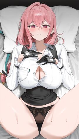 1girls bby big_breasts breasts busty female glasses gloves hollow_special_operations_section_6 mole mole_on_breast panties pink_eyes pink_hair secretary solo spread_legs tsukishiro_yanagi zenless_zone_zero