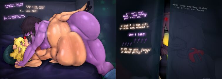 1boy 1futa 1girls absurdly_lengthy_sex anal anal_sex anthro ass big_ass big_breasts breasts deltarune female futanari heart intersex kris_(deltarune) male naked nicolaowo noelle_holiday susie_(deltarune)