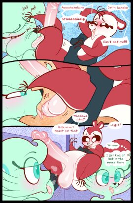 absurd_res anthro balls balls_suck blush bodily_fluids both_balls_in_mouth buckteeth canid canine chikn_nuggit comic dialogue duo english_text erection fangs female fox genitals hawt_saus_(chikn_nuggit) hi_res kaboozey male male/female mammal open_mouth oral penis rodent sciurid sex slushi_(chikn_nuggit) small_but_hung squirrel sucking sweat teeth text tongue tongue_out tree_squirrel