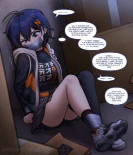 1girls belle_(zenless_zone_zero) blue_hair bound bound_legs bound_wrists captured cardboard_box dialogue duct_tape female female_only gag jacket legs_together magnolia-baillon mouth_gag open_mouth peril shirt shoes skirt struggling tape_gag text_bubble zenless_zone_zero