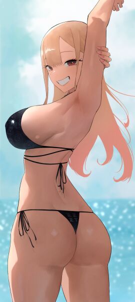 1girls absurdres armpits arms_up ass back bikini black_bikini blonde_hair blurry blurry_background breasts clenched_teeth cowboy_shot eyelashes female floral_print from_behind gradient_hair hazuki_kazue highres holding_own_arm kitagawa_marin large_breasts lips long_hair looking_at_viewer looking_back multicolored_hair nail_polish ocean pink_nails print_bikini red_eyes side-tie_bikini_bottom solo sono_bisque_doll_wa_koi_wo_suru string_bikini swimsuit teeth