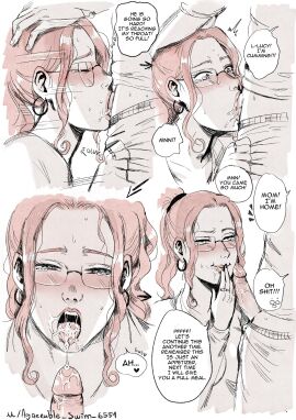 1boy 1girls agreeable_swim_6551 almost_caught blowjob blush cum cum_in_mouth cum_on_tongue deepthroat earrings english_dialogue english_text face_fucking fellatio female female_focus glasses greyscale lucy_(agreeable_swim_6551) male milf mostly_monochrome ms_robinson_(agreeable_swim_6551) older_female_and_younger_male open_mouth oral oral_sex ponytail red_hair ring speech_bubble spot_color tears_of_pleasure thought_bubble