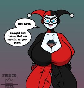 1boy 1girls batman_(series) big_breasts blue_eyes breasts cleavage clothing_entrapment clown clown_girl dc dc_comics female female_focus female_only gigantic_breasts harleen_quinzel harley_quinn harley_quinn_(classic) height_difference jester jester_costume jester_girl jester_outfit male princepeel sex_under_clothes shared_clothes size_difference solo solo_female solo_focus thick_thighs thighs trapped_in_clothing