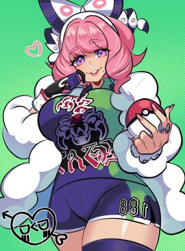 1girls absurdres asymmetrical_legwear bow bracelet breasts collared_shirt drill_hair dynamax_band eyeshadow female flipped_hair fur_jacket gloves hairband hairbow hand_up highres holding holding_poke_ball jacket jewelry klara_(pokemon) large_breasts makeup mismatched_legwear missandydandy mole mole_under_mouth nintendo pink_eyeshadow pink_hair pink_lips poke_ball poke_ball_(basic) pokemon pokemon_ss print_shirt print_shorts purple_eyes ring shirt short_hair shorts side_slit side_slit_shorts single_glove smile solo thighhighs twin_drills white_bow white_hairband