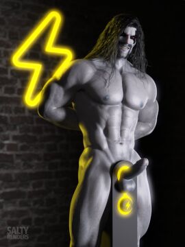 1boy 3d 3d_(artwork) 3d_model antihero black_hair bondage bounty_hunter dc dc_comics electricity_play electroshock electrostimulation erect_penis erection fetish grey_body grey_skin lobo_(dc) loving_it male male_focus male_only masochist masochistic_male naked naked_male nude nude_male pain_play penis red_eyes saltyrenders smiling_at_viewer solo_male submissive_hero submissive_male willing_sub