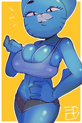 1girls anthro big_breasts blue_body breasts busty crop_top edalv feline female female_only hand_on_hip huge_breasts large_breasts looking_at_viewer milf mother nicole_watterson png shorts solo sweat sweaty_body tail the_amazing_world_of_gumball thick_thighs wide_hips workout_clothes
