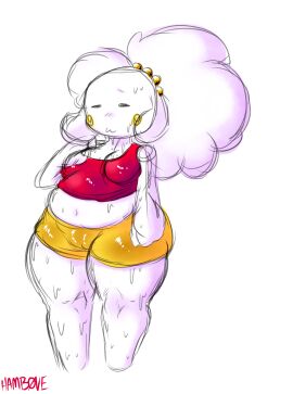 1girls 2d 2d_(artwork) :3 artist_signature ass ass_bigger_than_head belly belly_button breasts chubby chubby_belly chubby_female clothes clothes_too_small female female_only fluffy_hair hamb0ne hips hips_wider_than_shoulders jin_(bigbeefboober) oc pussy pussy_visible_through_clothes shorts sweat sweatdrop sweating sweaty sweaty_body tank_top thick_thighs thighs tight_clothing tugging_clothing white_skin