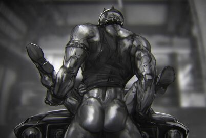 anthro ass big_ass big_butt big_muscles black_clothing black_footwear black_shirt black_shoes black_tank_top black_topwear clothing collar cuffs_(clothing) duo footwear grey_body humanoid lying machine male male/male male_only monochrome muscles muscular muscular_anthro muscular_bottom muscular_male muscular_top on_back on_car raised_leg robot robot_humanoid sex shirt spiked_collar spikes steelforgecanis table_lotus_position tank_top topwear
