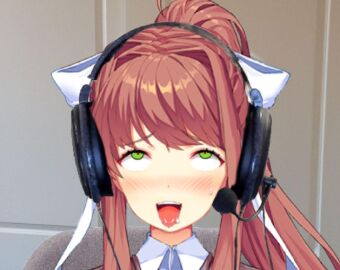ahe_gao ahegao_face brown_hair conrad_honey doki_doki_literature_club downbadddlc_(doki_doki_literature_club) edit edited edited_image female green_eyes headphones monika_(doki_doki_literature_club) real_person school_uniform twitter twitter_user_sona x_(social_media)