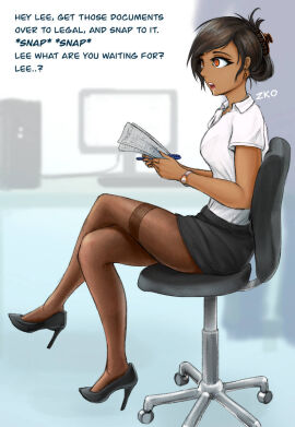 1girls black_skirt breasts brown_eyes brown_hair chair drooling earrings english_text female hair_bun hairclip high_heels holding_paper holding_pen hypnosis office_lady original pantyhose paper pen pencil_skirt shirt sitting_on_chair skirt small_breasts swivel_chair text white_shirt wristwatch zko