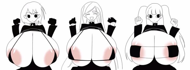 3girls animated areola_slip areolae azari_(producer) bikini black_bikini black_eyes black_gloves black_sweater borscht bouncing_breasts breasts breasts_out closed_eyes closed_mouth dancing expressionless female gloves huge_breasts long_hair looking_at_viewer mob_face multiple_females multiple_girls mv_character open_mouth short_hair simple_background smile twintails vocaloid white_background white_hair who?_(vocaloid)