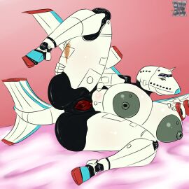 1:1 2018 artist_name black_body breasts dated eyelashes female gaping gaping_pussy genitals green_nipples hi_res huge_breasts humanoid_genitalia humanoid_pussy living_machine looking_at_viewer lying machine mouth_closed narrowed_eyes nipples nude on_side presenting presenting_pussy pussy romman08 solo white_body yellow_eyes