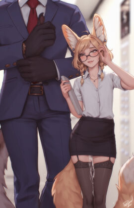 1boy adjusting_eyewear adjusting_sleeves after_sex animal_ears belt biting_own_lip black_thighhighs blonde_hair blurry blurry_background blush braid collarbone cum cum_on_legs cum_overflow cumdrip earrings einarr_(personalami) english_commentary female flat_chest fox_ears fox_tail fucked_silly garter_straps glasses height_difference highres jewelry khiara_(personalami) looking_at_another male necklace necktie office_lady original pencil_skirt personalami rolling_eyes shirt signature skirt suit tail thighhighs twin_braids white_shirt