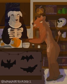 absurd_res anthro average_penis balls bat bone book bookshelf branch candle candy candy_wrapper canid canine canis cannon_(wannabeyourdog2) carving casual_nudity chocolate clothed clothing container countershading curtains dessert detailed_background domestic_dog duo eyebrows flaccid food footwear footwear_only fruit fur furniture genitals grey_(wannabeyourdog2) hair halloween halloween_decoration hi_res holidays humanoid_genitalia humanoid_penis inside jack-o'-lantern jar knife leaning looking_at_object male mammal mostly_nude mullet night paper_towel penis pit_bull plant pumpkin pumpkin_seeds raised_tail sandals sandals_only shoes shoes_only skeleton skull smile spider_web story story_in_description string_lights suid suina sus_(pig) sweater tail topwear trans_man transmasc tree tusks wannabeyourdog2 white_body white_fur wild_boar window