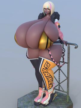 1girls 3d alternate_version_at_source bikini bikini_top blonde_hair blue_lipstick bra breasts breasts_bigger_than_head breasts_bigger_than_torso busty cleavage coat dark-skinned_female dark_skin dyed_hair enormous_breasts female female_focus female_only fur_coat golden_bikini gradient_background gyaru hand_on_railing hips huge_breasts hyper hyper_breasts imcoffeecakes jacket large_breasts lipstick massive_breasts nail_polish neirin original original_character overflowing_breasts railing red_eyes shoes short_hair short_shorts shorts simple_background sneakers solo_female standing stockings suspenders thick_thighs thighs three-tone_hair usukeninja voluptuous_female waist_straps