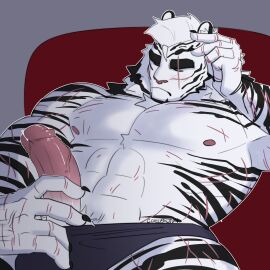 1boy abs animal_ears arknights artist_name bara claws closed_eyes closed_mouth consagratum cross_scar english_commentary erection furry furry_male highres male male_focus male_only mountain_(arknights) multiple_scars muscular muscular_male nipples on_chair pectorals penis precum scar scar_across_eye scar_on_arm scar_on_cheek scar_on_chest scar_on_face scar_on_hand scar_on_leg scar_on_stomach sleeping tiger_boy tiger_ears tiger_stripes topless_male yaoi