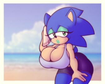 anthro beach big_breasts breasts cocomaniadx female rule_63 sonic_(series) sonic_the_hedgehog sonique_the_hedgehog spandex_shorts sports_bra thick_thighs