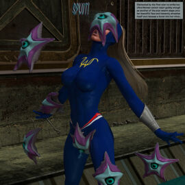 1boy 1girls 3d blonde_hair bodysuit breasts catsuit corruption dazed dc dc_comics female female_only femsub ladytania large_breasts open_mouth parasite pussy standing starro superhero text tight_clothing ultra_woman_(ladytania) vaginal_penetration