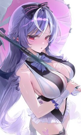 1girls absurdres bare_shoulders blush bow bowtie breasts casual_one-piece_swimsuit clothing_cutout commentary cowboy_shot female hairbow highres large_breasts long_hair looking_at_viewer mole mole_under_eye multicolored_hair navel official_alternate_costume one-piece_swimsuit parted_lips pibag pointy_ears purple_bow purple_bowtie purple_hair red_eyes sidelocks simple_background solo stomach stomach_cutout streaked_hair swimsuit thigh_strap thighs very_long_hair vivian_banshee vivian_banshee_(iris_of_the_shore) white_background white_one-piece_swimsuit zenless_zone_zero