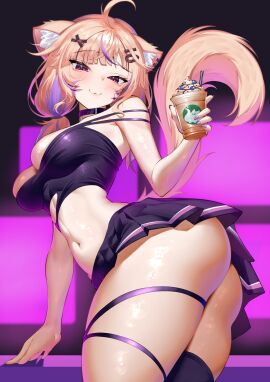 1girls ahoge animal_ears ass bare_shoulders black_choker black_legwear black_shirt black_skirt blonde_hair breasts can cat_girl choker closed_mouth crop_top facial_mark female fingernails hair_ornament hairclip himeliofon holding large_breasts long_hair looking_at_viewer miniskirt nail_polish navel pink_nails pleated_skirt purple_nails single_thighhigh skindentation skirt smile solo squchan_(vtuber) thighhighs thighs vyugen