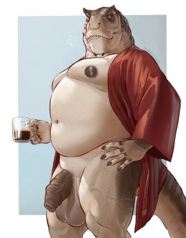 anthro balls banana_da_boi bathrobe beverage biped black_penis clothing coffee dinosaur facial_piercing flaccid foreskin genitals hi_res humanoid_genitalia humanoid_penis male male_only navel nipples nose_piercing nose_ring overweight overweight_male penis piercing prehistoric_species reptile ring_piercing robe scalie solo solo_male standing tail teeth uncircumcised