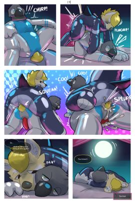 2023 2:3 abstract_background absurd_res anal anal_sex animal_noises anthro ass avian biped bird bodily_fluids bodysuit breath canid canine chirping clothed clothing comic cuddling cum cum_in_ass cum_inside cumshot digital_media_(artwork) ejaculation erection exclamation_point feathers fur genital_fluids genitals glistening glistening_clothing green_eyes grey_body grey_feathers hi_res latex latex_clothing male male/male mammal orgasm_face panting penetration penile penile_penetration penis penis_in_ass red_penis sex sexotheque skinsuit speech_bubble splurt squeaking text the_end tight_clothing white_body white_fur yellow_body yellow_fur yellow_penis