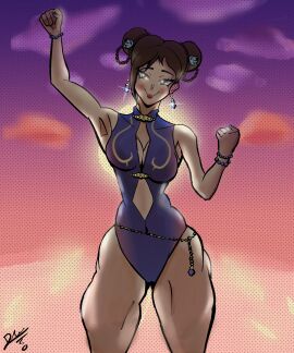 artist_name artist_signature big_ass big_butt big_muscles big_thighs breasts brown_eyes brown_hair butt chun-li curvy_figure earrings eldexman female female_only muscles request sfw street_fighter street_fighter_6 summer swimsuit thighs