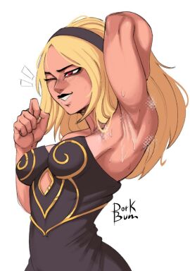 1girls arm_up armpit armpit_fetish armpits blonde_female blonde_hair dorkbum female gravity_rush kat_(gravity_rush) red_eyes smile sweaty sweaty_armpit sweaty_armpits