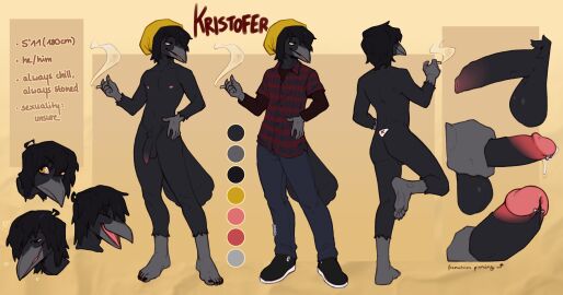 absurd_res anthro avian beanie beanie_only bird black_body black_hair bodily_fluids clothing corvid corvus_(genus) crow drugs english_text erection feathers flaccid foreskin genital_fluids genital_piercing genitals hair hat headgear headwear hi_res kristofer_(3wafers) kyrosh long_foreskin male marijuana model_sheet nipples oscine passerine penis piercing pink_nipples precum retracted_foreskin retracting_foreskin smoking smoking_marijuana solo tail tail_feathers text unretracted_foreskin yellow_eyes