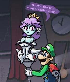after_transformation alternate_species annoyed_expression boo_(mario) boo_daisy_(chabble) chabble dialogue english_text female ghost ghost_girl luigi luigi's_mansion mario_(series) poltergust post-transformation princess_daisy stuck super_mario_bros. text thick_thighs transformation vacuum_vore