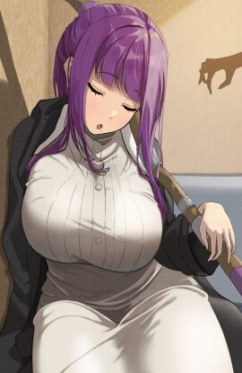 1girls absurdres azuki_(azuki_azukki) big_breasts black_coat breasts buttons closed_eyes coat dress female fern_(sousou_no_frieren) highres hood hood_down hooded_coat large_breasts long_hair open_mouth purple_hair shadow sleeping solo sousou_no_frieren white_dress