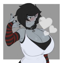 1girls adventure_time arm_sleeves ass big_ass big_breasts big_butt big_hips big_thighs black_hair blush bra breasts breasts_bigger_than_head cartoon_network choker clothing ear_piercing escriba female fingerless_arm_sleeves grey_body grey_skin hair_covering_eye hips huge_ass huge_boobs huge_breasts huge_butt huge_hips huge_thighs looking_at_viewer marceline massive_ass massive_butt meme_reference nails_painted non_english_or_japanese_language pencil red_eyes ring shorts shortstack smaller_female solo striped_sleeves tank_top text thick_thighs thighs vampire vampire_girl voluptuous voluptuous_female wide_hips wide_thighs