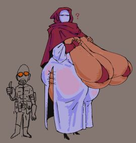 1boy 1girls 2d 2d_(artwork) areolae big_breasts bikini_top breasts curvaceous curvaceous_female curvaceous_figure curvy_body dark-skinned_female dark_skin dress enormous_breasts female freckles_on_breasts gigantic_breasts gloves grey_background hood huge_breasts huge_thighs large_breasts larger_female male mask masked masked_female masked_soldier_(metal_slug_5) massive_breasts mature_female metal_slug robe size_difference snk special_forces_(metal_slug_5) submarichamomi2 thick_thighs top_heavy voluptuous voluptuous_female