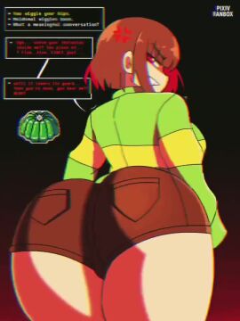 1girls 2d <1_second_video angry animated ass back_view big_ass big_breasts booty_shorts breasts brown_hair chara english_text from_behind grin huge_ass indigopencil large_ass moldsmal pockets red_eyes shaking shaking_ass shaking_butt short_hair shorter_than_10_seconds shorts simple_background sound tagme text thick_thighs thunder_thighs twerking undertale vertical_video video wide_hips