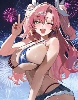 1girls 4th_of_july american_flag_bikini bikini blush breasts female fireworks fur-trimmed_shorts hair_ribbons heart_earrings hintobento jean_shorts mole_on_breast nicole_demara peace_sign pink_hair red_nails short_shorts skindentation solo twintails usa_bikini wink zenless_zone_zero