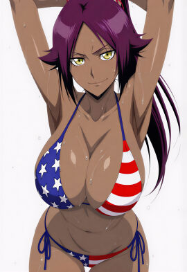 1girls ai_generated american_flag_bikini athletic athletic_female big_breasts bikini bleach dark-skinned_female dark_skin female female_focus hands_behind_head hi_res large_breasts looking_at_viewer pony_tail purple_hair shihouin_yoruichi smile smiling smiling_at_viewer solo solo_female solo_focus upscaled wet_body white_background yellow_eyes