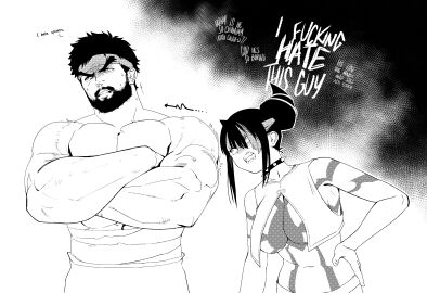1boy 1girls beard big_breasts black_and_white breasts busty curvaceous curvy curvy_body curvy_female curvy_figure female huge_breasts juri_han large_breasts male pomki ryu_(street_fighter) street_fighter street_fighter_6 tsundere voluptuous