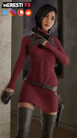 3d ada_wong ada_wong_(adriana) asian black_hair boots chinese clothed gloves gun handgun looking_away no_nude no_nudity resident_evil resident_evil_4 resident_evil_4_remake sfw solo turtleneck turtleneck_sweater