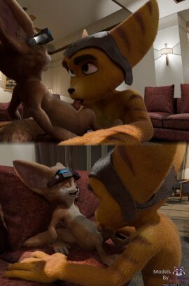 3_toes 3d_(artwork) 4_fingers 5_fingers absurd_res animal_genitalia anthro balls big_ears black_nose blender_(artwork) canid canine canine_genitalia chip_(mlbb) closed_eyes clothing countershading crossover digital_media_(artwork) duo english_text erection eyebrows feet fennec_fox fingers fox fur furniture genitals green_eyes hat headgear headwear hi_res inside insomniac_games knot lombax looking_at_another looking_at_partner male male/male mammal mobile_legends multiple_views nude open_mouth oral oral_penetration penetration penis pink_penis rasterraccoon ratchet_(ratchet_and_clank) ratchet_and_clank sitting sofa sony_corporation sony_interactive_entertainment striped_body striped_fur stripes tan_body tan_fur teeth text toes true_fox visor watermark yellow_body yellow_fur