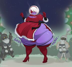 1girls ass ass_expansion belly_expansion big_ass big_belly big_breasts blindfold blue_skin blueberry_inflation boots breast_expansion breast_growth breast_growth_(enlargement) breasts christmas christmas_outfit cleavage crossover deviantseiga dress expansion female heartless heel_boots inflation kingdom_hearts nier:_automata nier_(series) red_blindfold red_boots red_dress red_panties short_hair square_enix white_hair wide_hips yorha_2b
