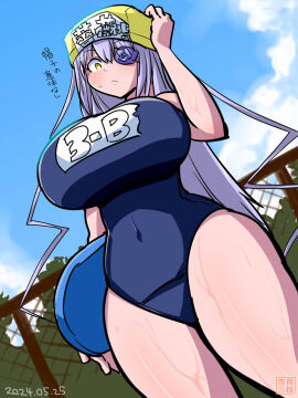 1girls barasuishou blush breasts clouds eyepatch female flower_eyepatch headwear huge_breasts itini-sanshi japanese_text long_hair looking_at_viewer low-angle_view purple_hair rozen_maiden school_swimsuit sky solo swimsuit thighs very_long_hair wet_body wide_hips yellow_eyes