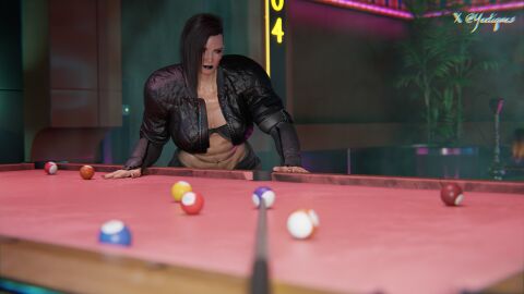 3d billiard_table black_lipstick black_nails cyberpunk_2077 futanari looking_at_viewer muscular_futa valerie_(cyberpunk_2077) veiny yeetiques