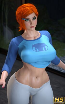 1girls 3d aged_up ass ben_10 breasts cartoon_network cleavage curvy digital_media_(artwork) female female_only ginger ginger_hair green_eyes gwen_tennyson gwen_tennyson_(classic) hagiwara_studio orange_hair realistic red_hair shirt shirt_only short_hair solo thick_lips voluptuous wide_hips